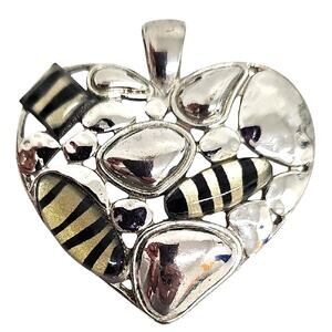 Beautiful Silverplate w/Black and Gold Striped Hammered Metal Heart Pendant 2"